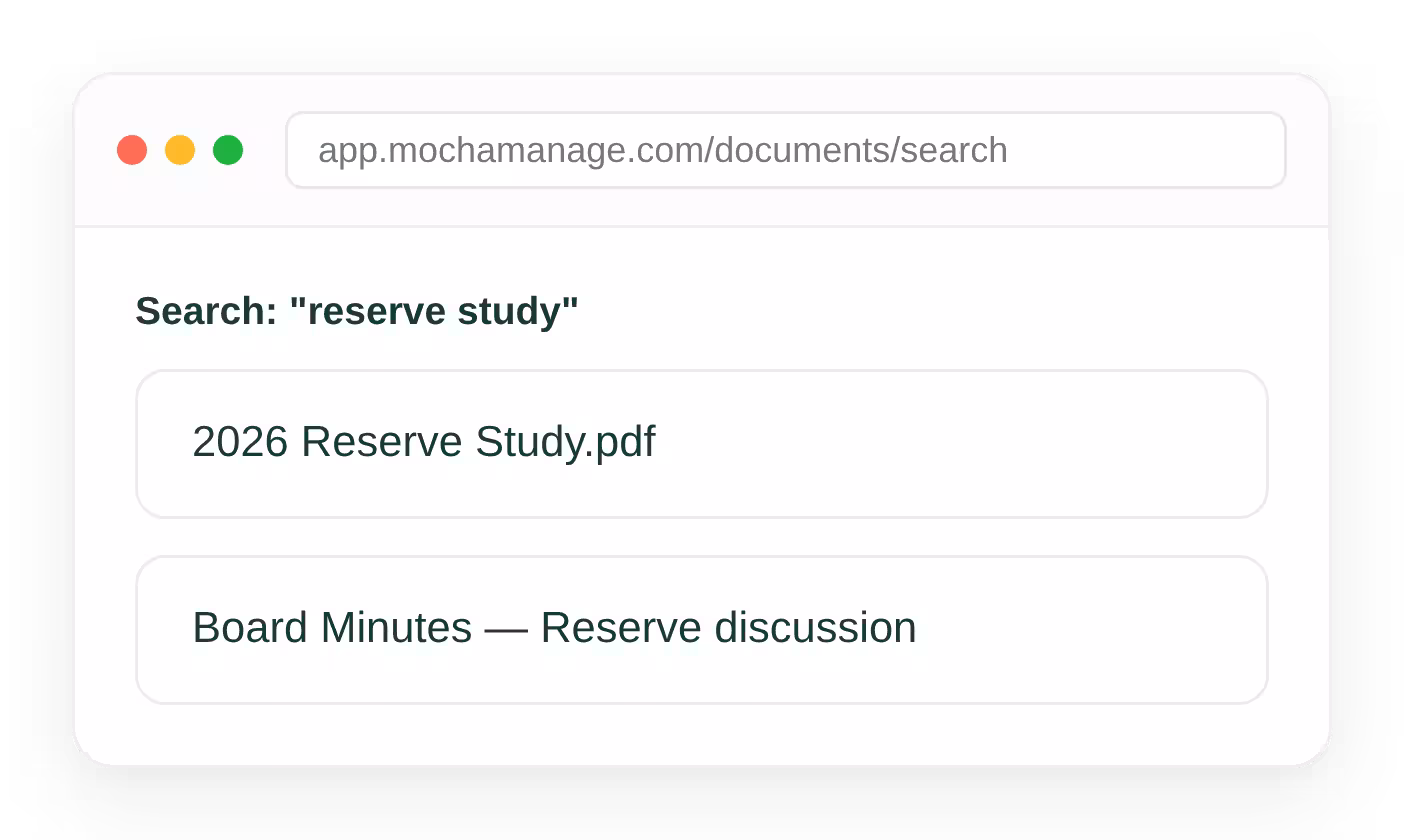 Full-text search results across an HOA document library