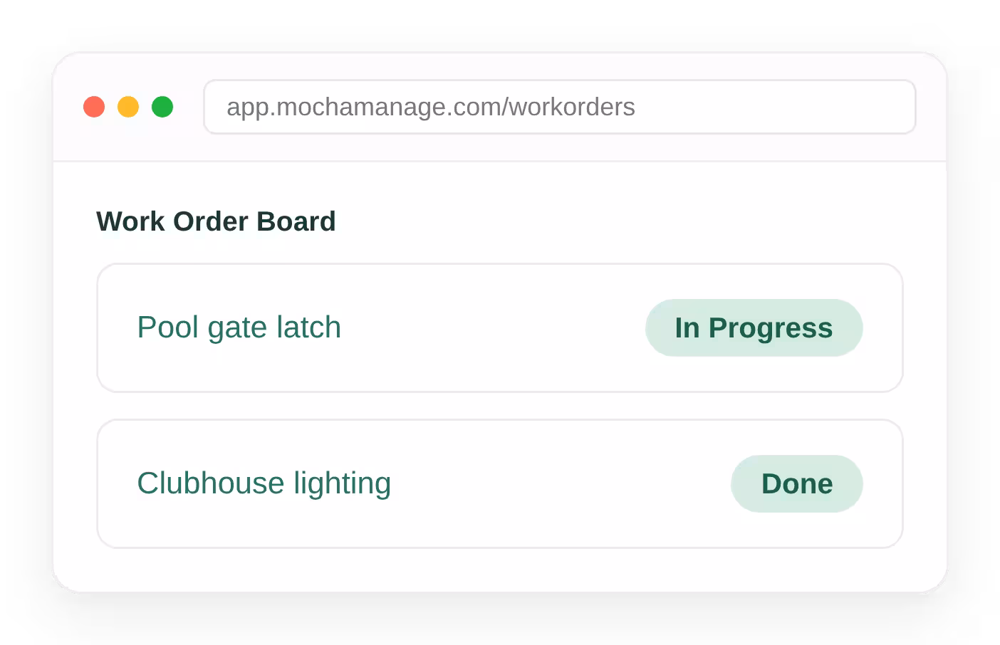 HOA work order board showing open, in progress and done jobs