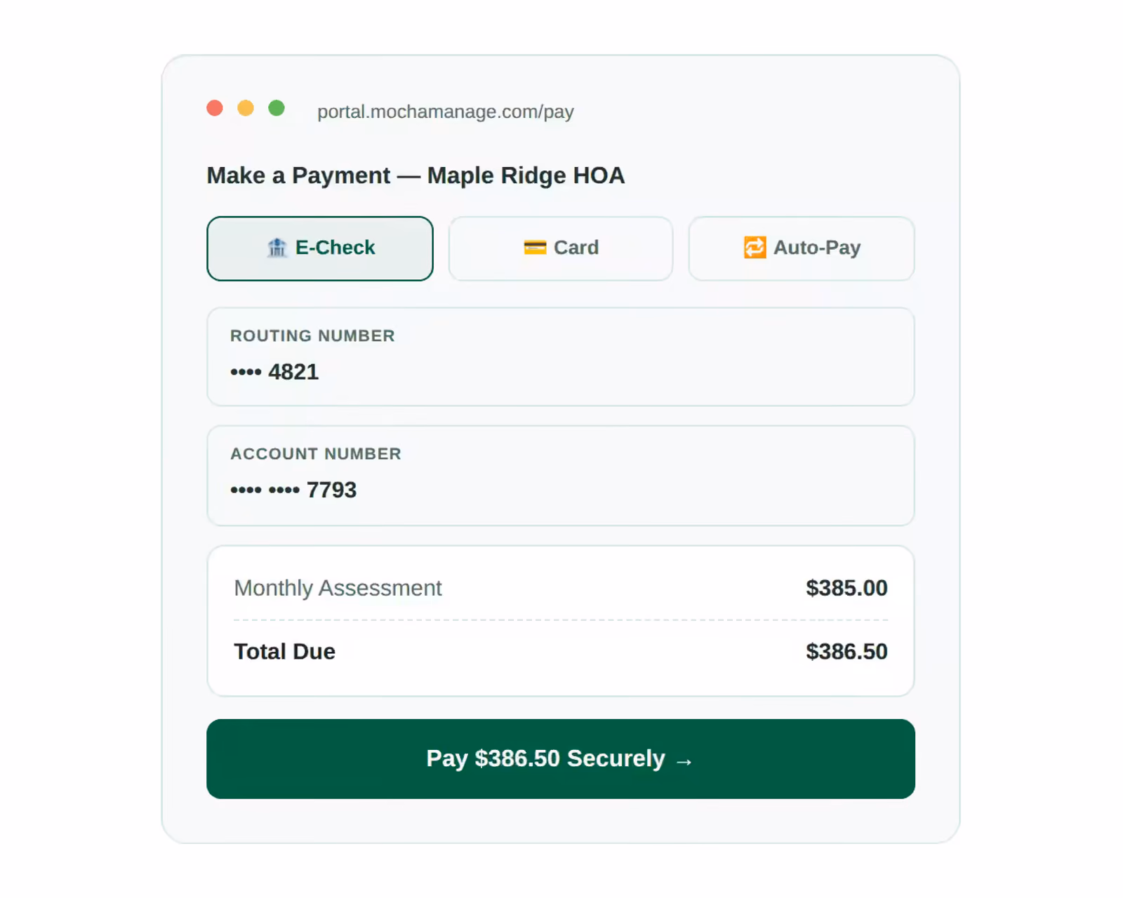 Owner paying HOA dues by ACH, debit or credit card