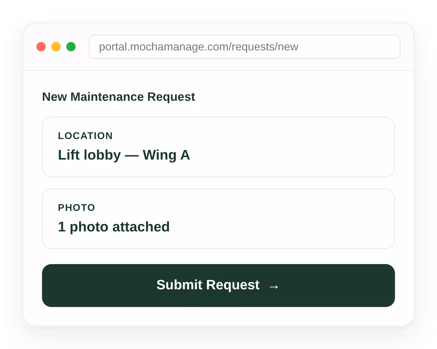 New housing society maintenance request logged with a photo and location