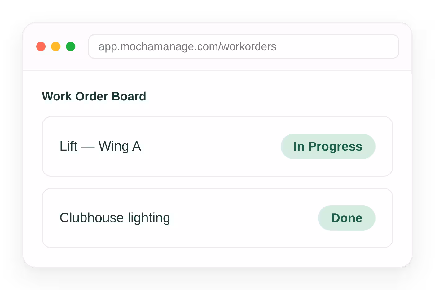 Society work order board showing open, in progress and completed jobs