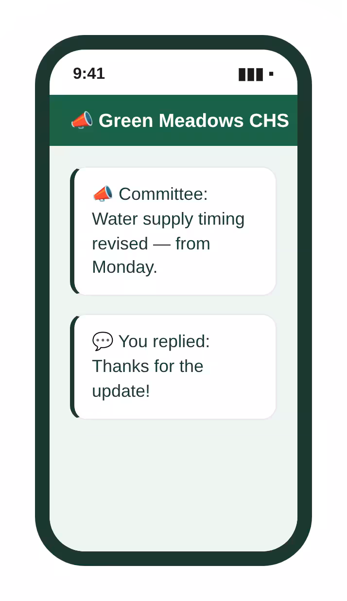 Society owner receiving a managing committee announcement in the Mocha Manage Mobile App