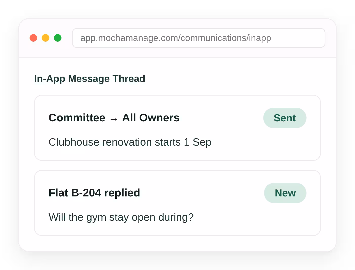 Two-way in-app message thread between a housing society managing committee and an owner