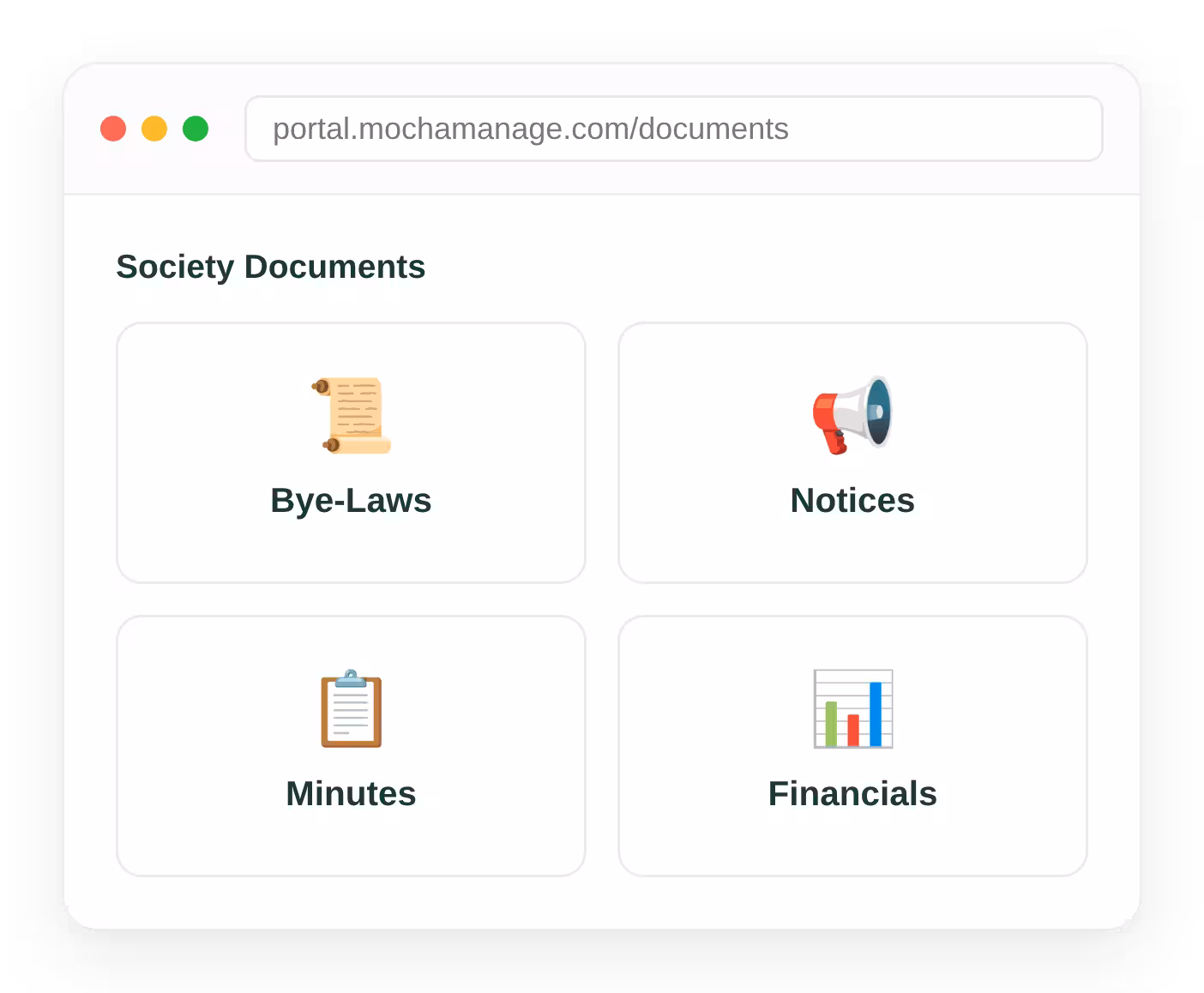 Searchable housing society document library with bye-laws, notices, financials and minutes