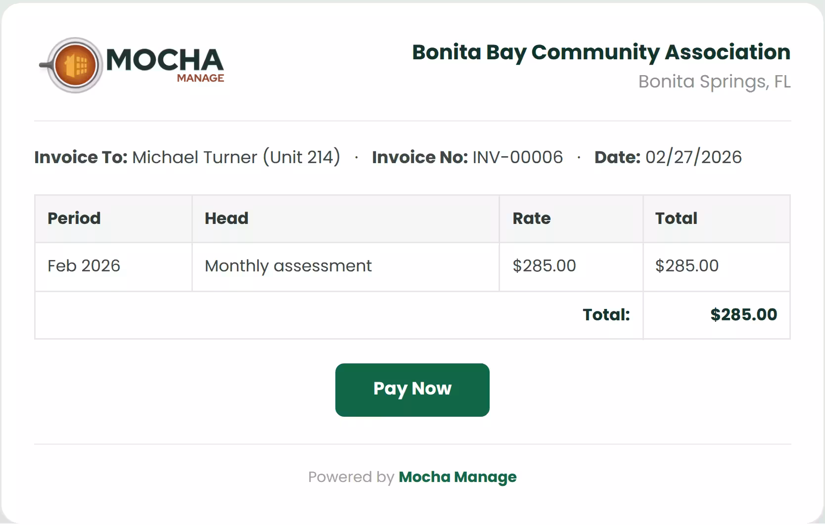 Dues invoice with an online Pay Now link