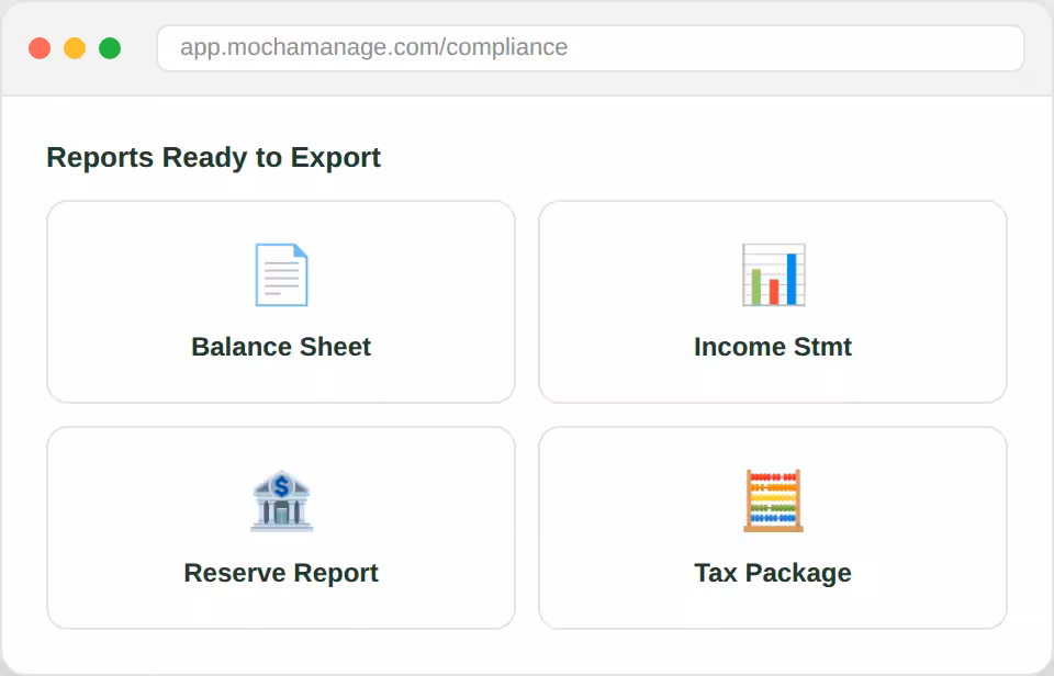 Audit-ready HOA expense report with category, balance and due-date columns