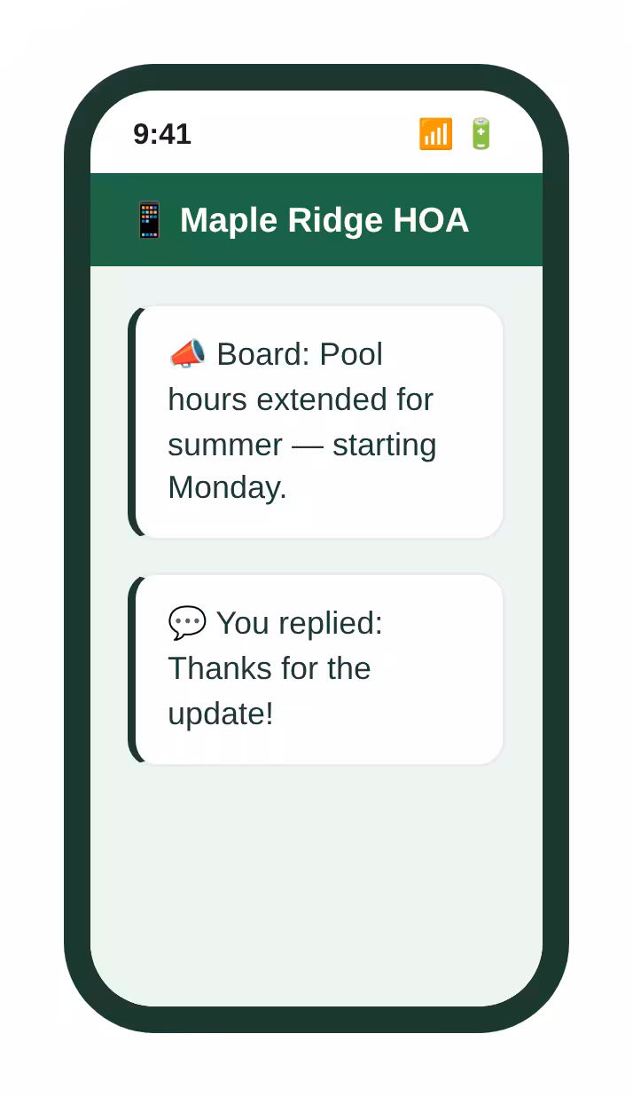 HOA member receiving a board announcement in the Mocha Manage Mobile App