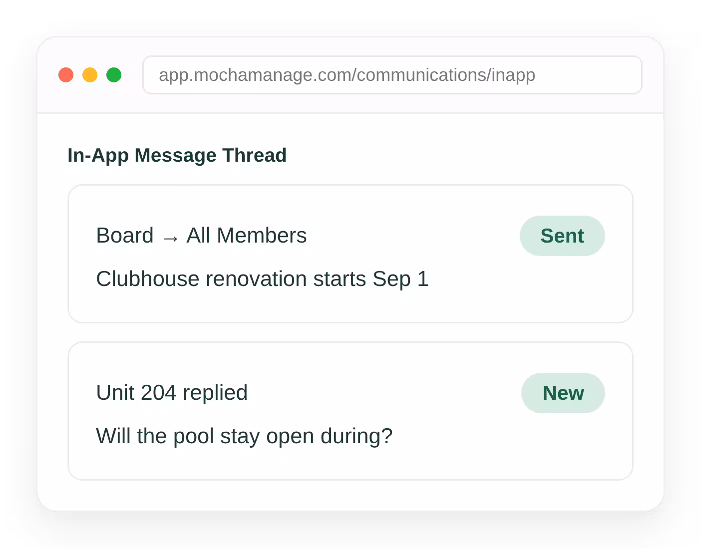 Two-way in-app message thread between an HOA board and a member