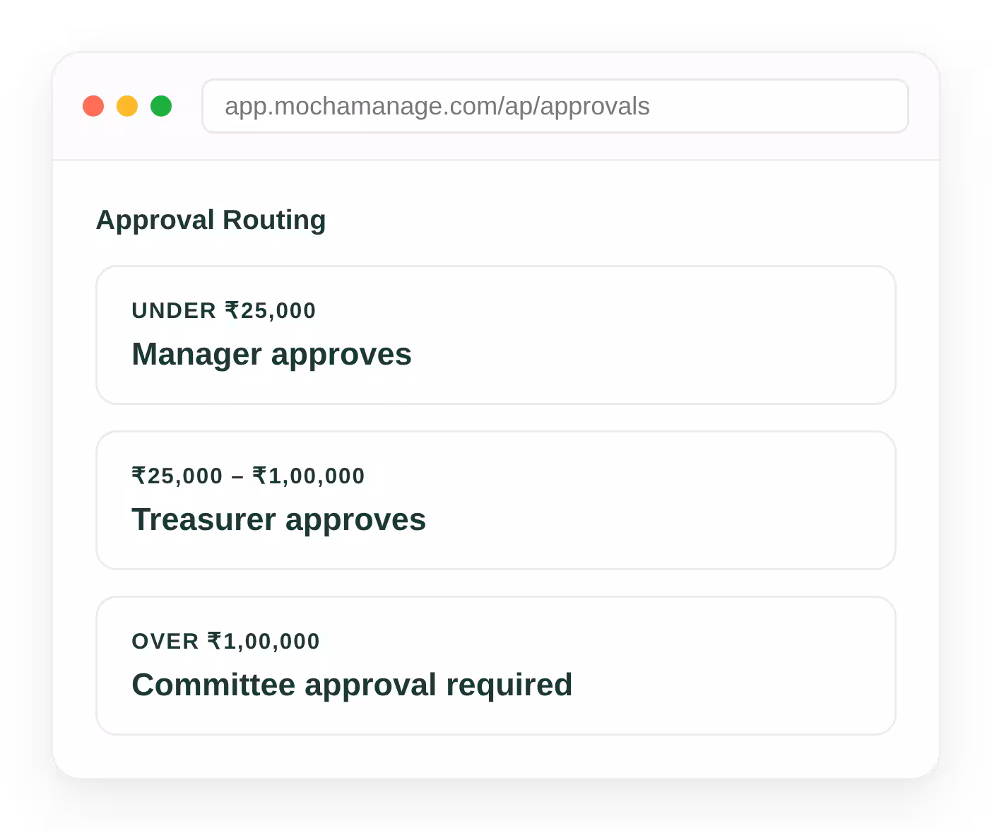 Society bill approval routing with role-based value thresholds for the managing committee