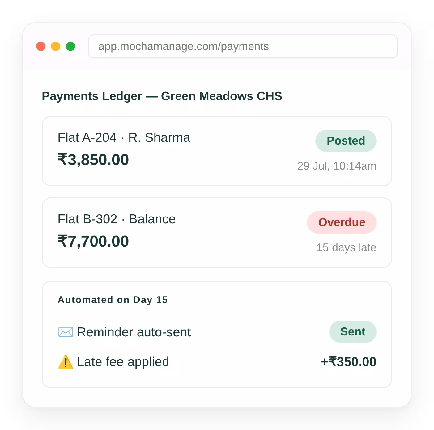 Society ledger with live outstanding maintenance dues and collection status