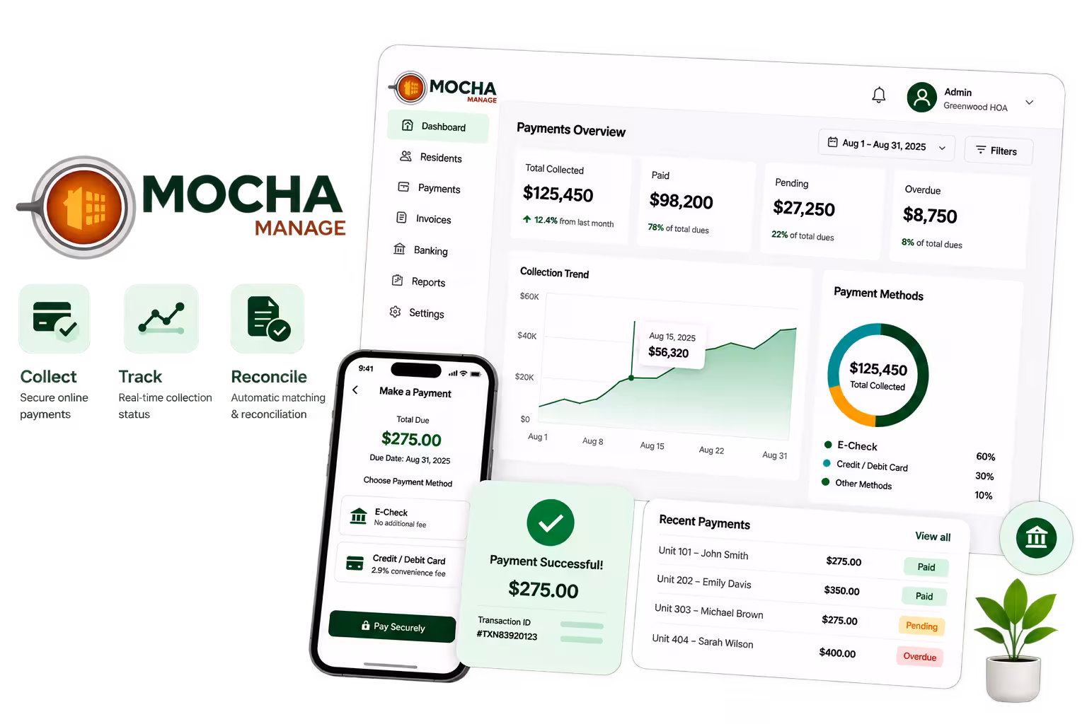Mocha Manage owner payment screen showing a paid dues invoice