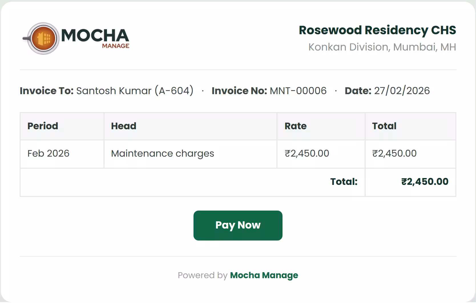 Maintenance invoice with an online Pay Now link