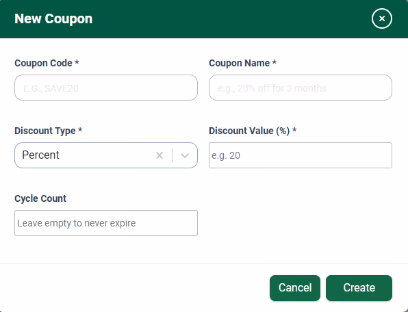 Mocha QuickBill New Coupon form with coupon code, name, discount type, discount value and cycle count fields
