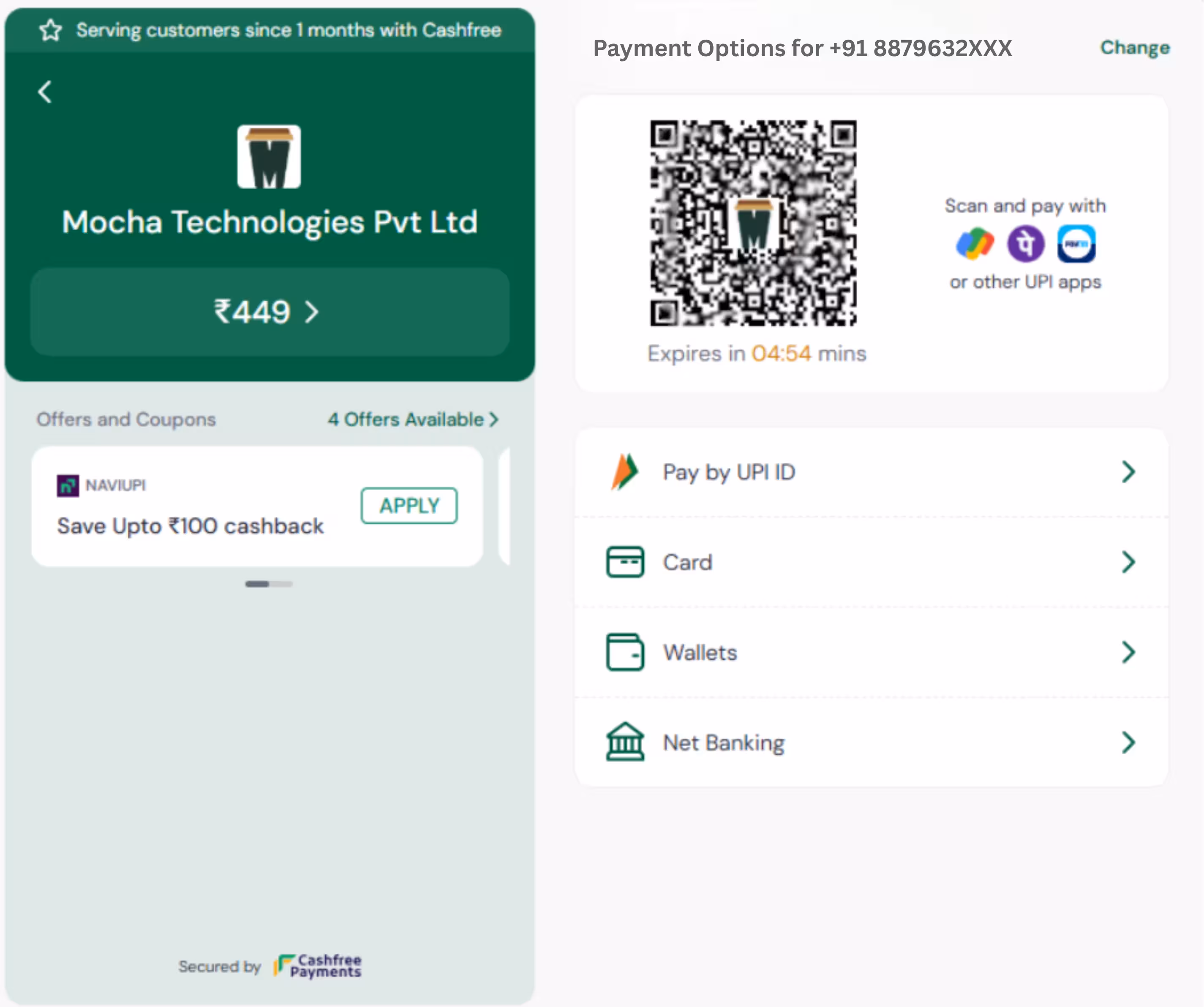Checkout with UPI QR code, card, wallet and net banking options