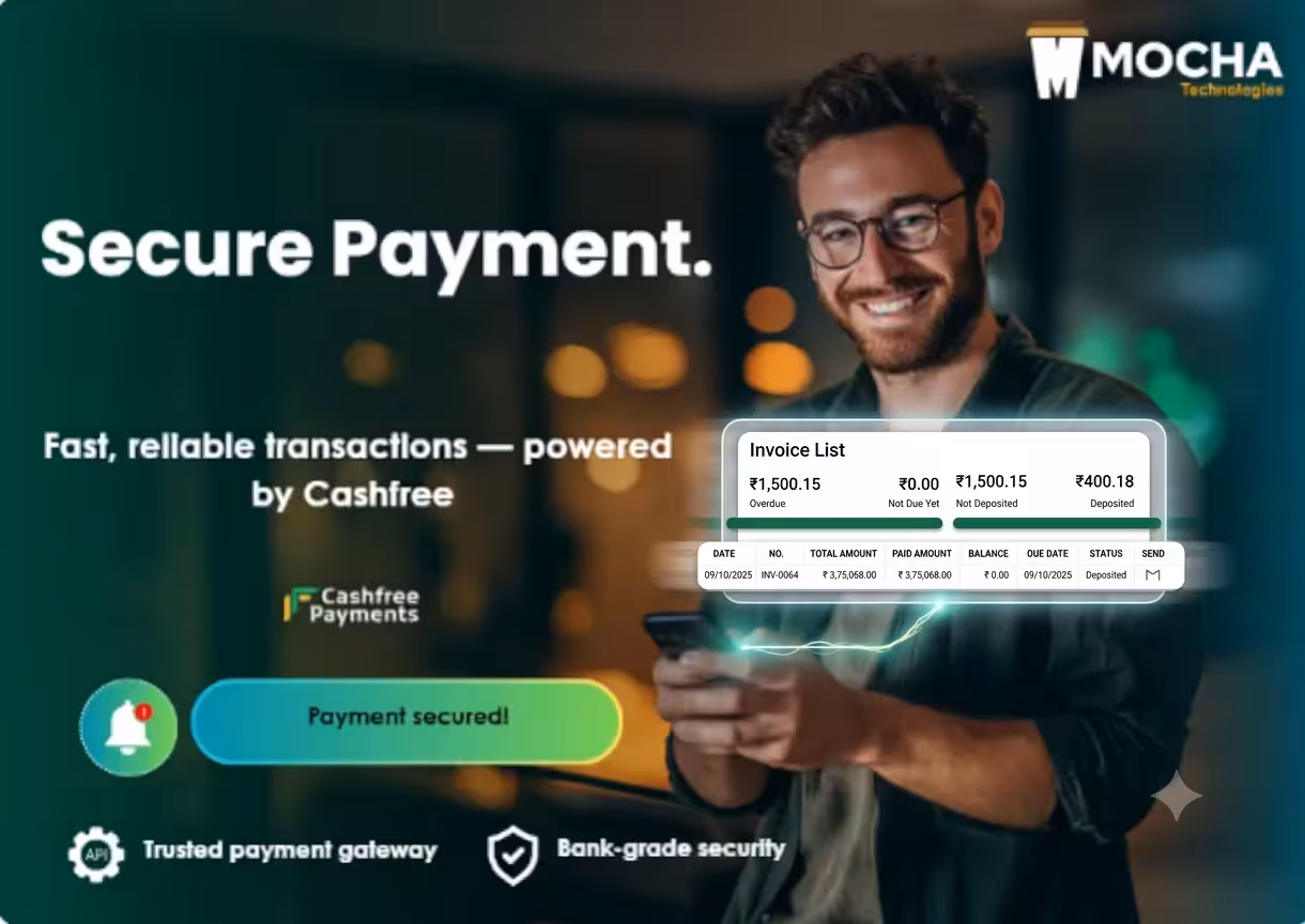 Invoice list showing deposited payment status, secured by Cashfree